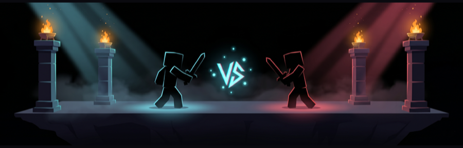 RevivalPVP art: two Minecraft characters facing off with swords on a torch-lit arena platform