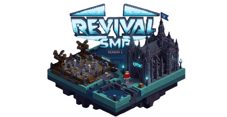 RevivalSMP season 1 artwork: an isometric island with a cathedral, a graveyard and an auction area